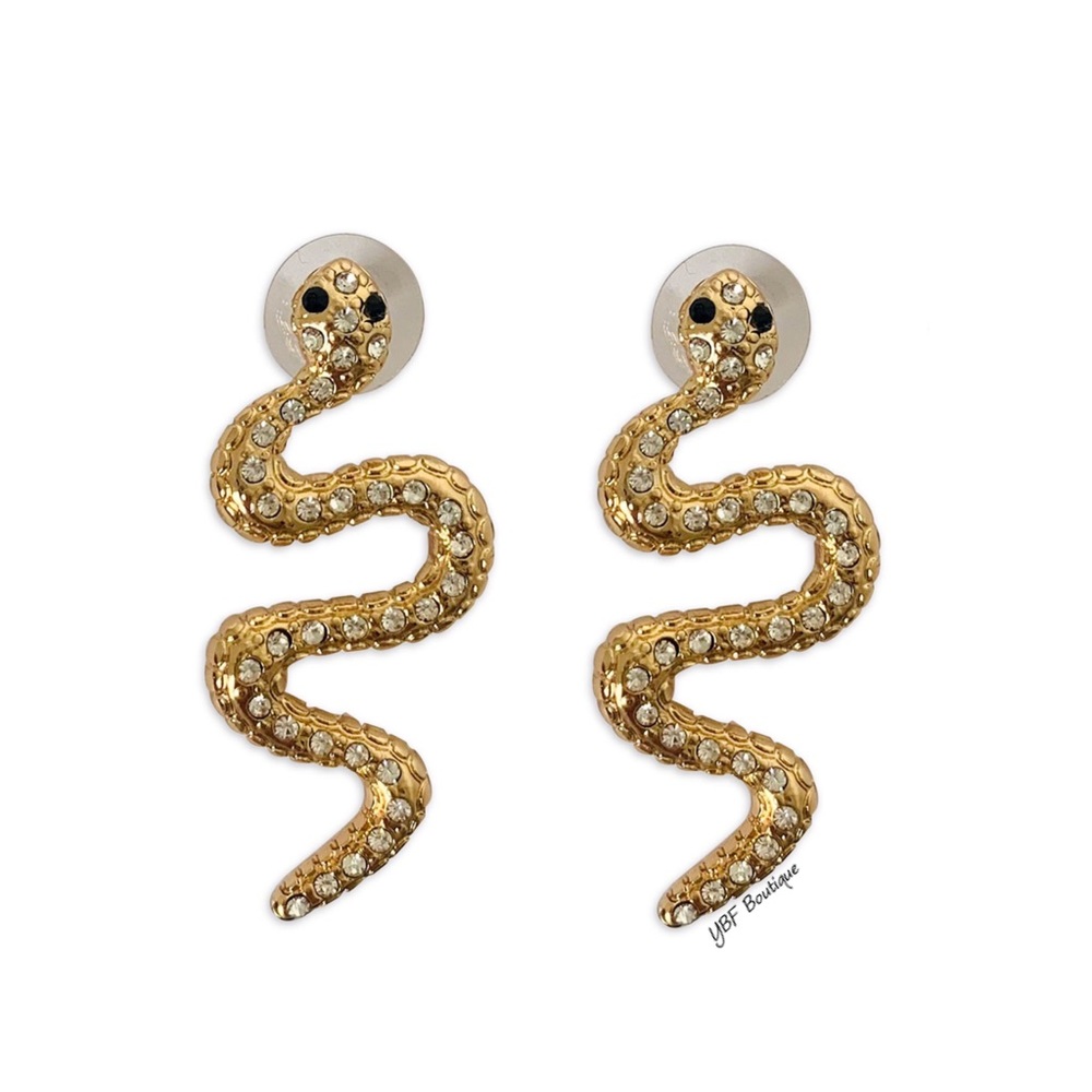 New Gold & Black Snake Rhinestone Post Fashion Earrings - Picture 3 of 5